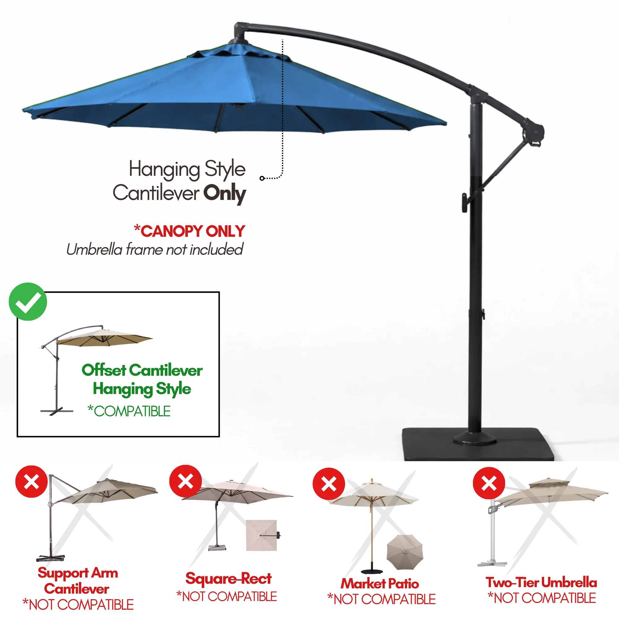 10ft Cantilever Hanging Umbrella 8 Rib Replacement Canopy Capri Blue Olefin - Image 5