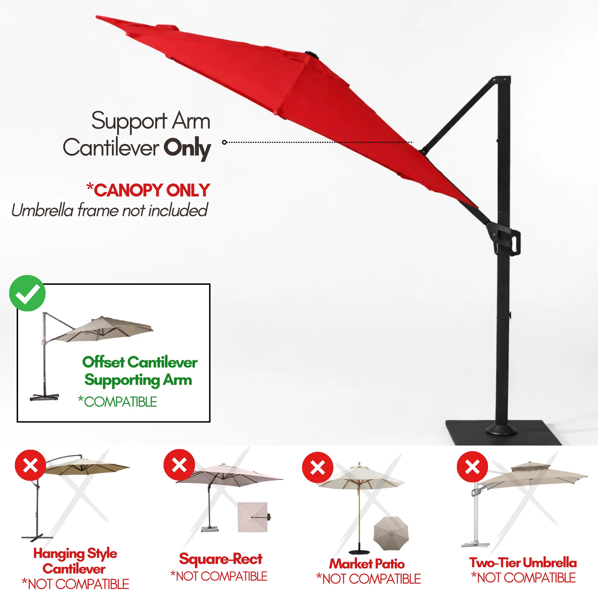 10ft Cantilever Supported Bar Umbrella 8 Rib Replacement Canopy Red - Image 5