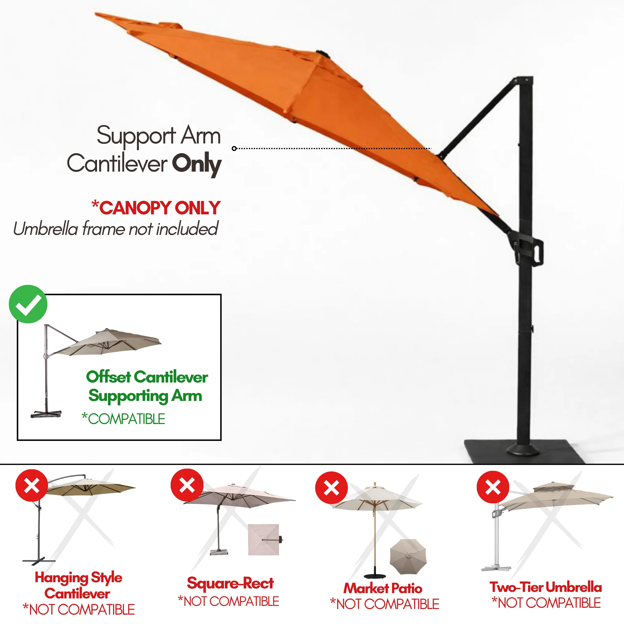 11 ft Cantilever Umbrella Replacement Canopy Supported Bar 8 Ribs Tuscan Orange - Image 5