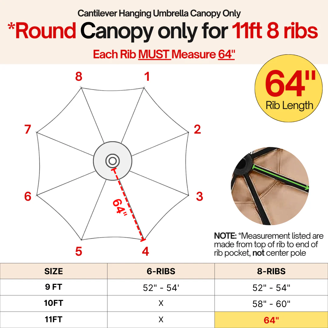 11ft Cantilever Hanging Umbrella 8 Rib Replacement Canopy Jockey Red - Image 4