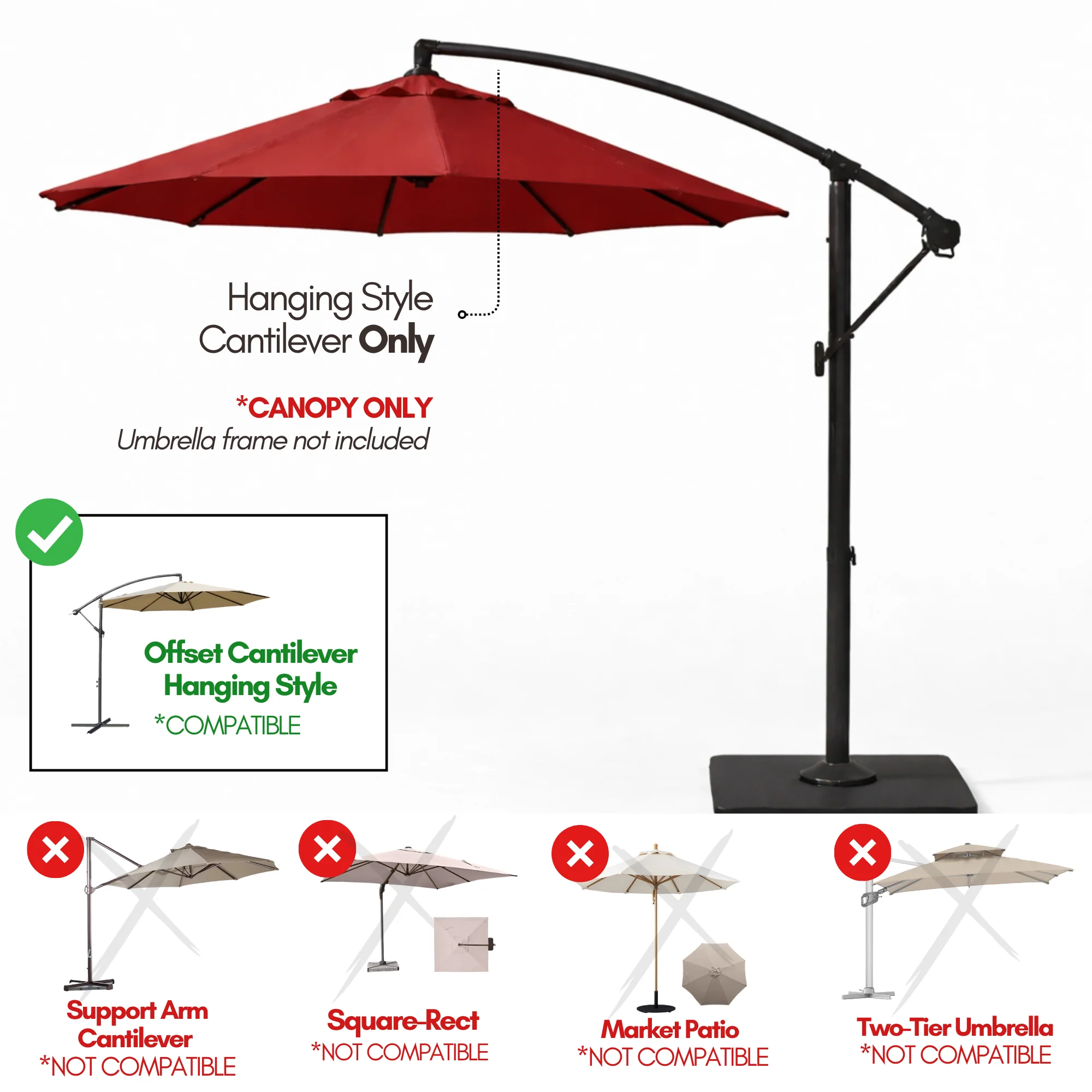 11ft Cantilever Hanging Umbrella 8 Rib Replacement Canopy Jockey Red - Image 5