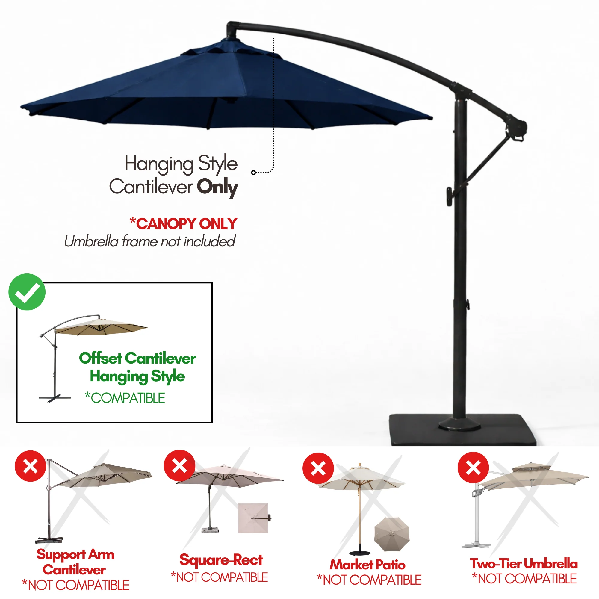11ft Cantilever Hanging Umbrella 8 Rib Replacement Canopy Navy Olefin - Image 5