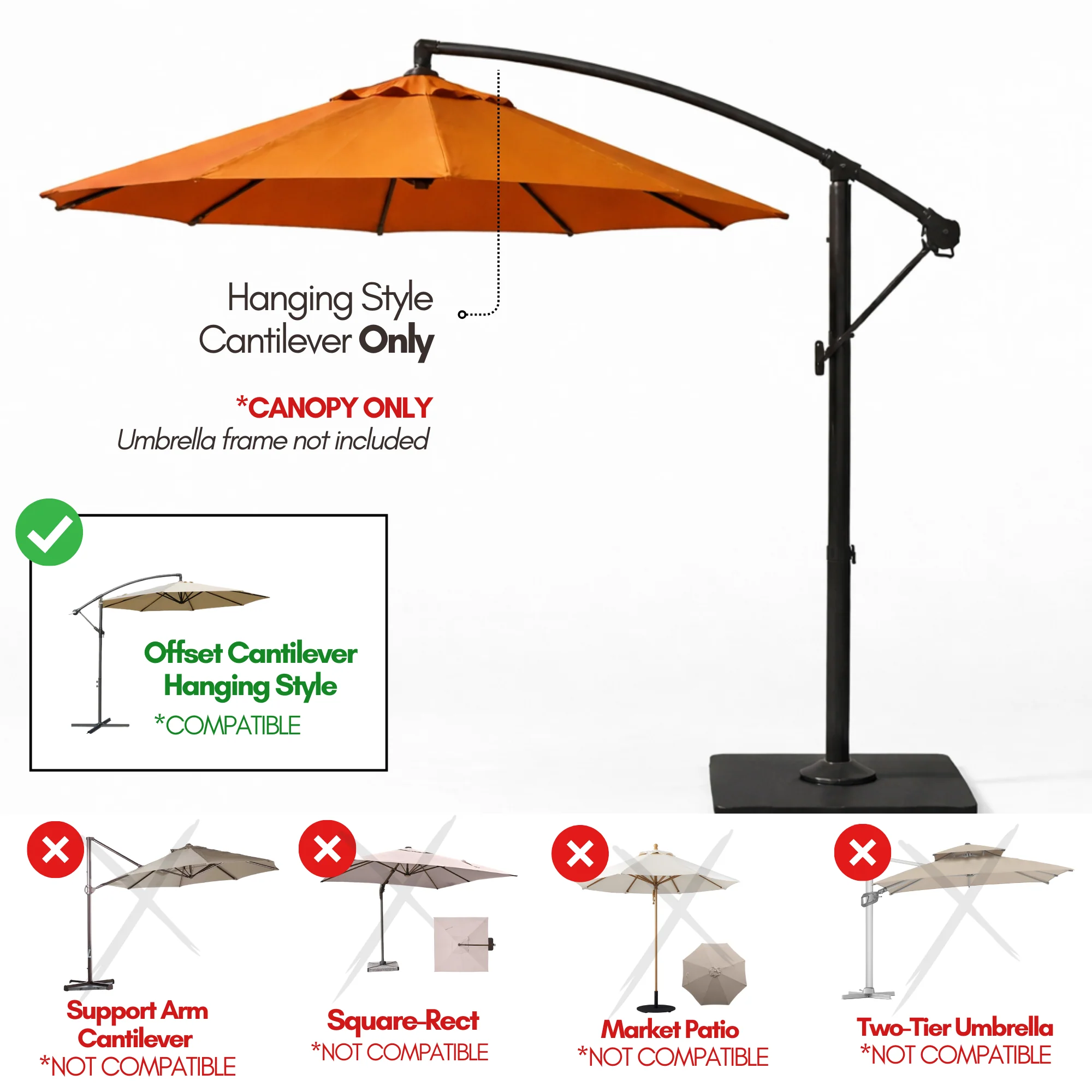 11ft Cantilever Hanging Umbrella 8 Rib Replacement Canopy Tuscan Orange - Image 5