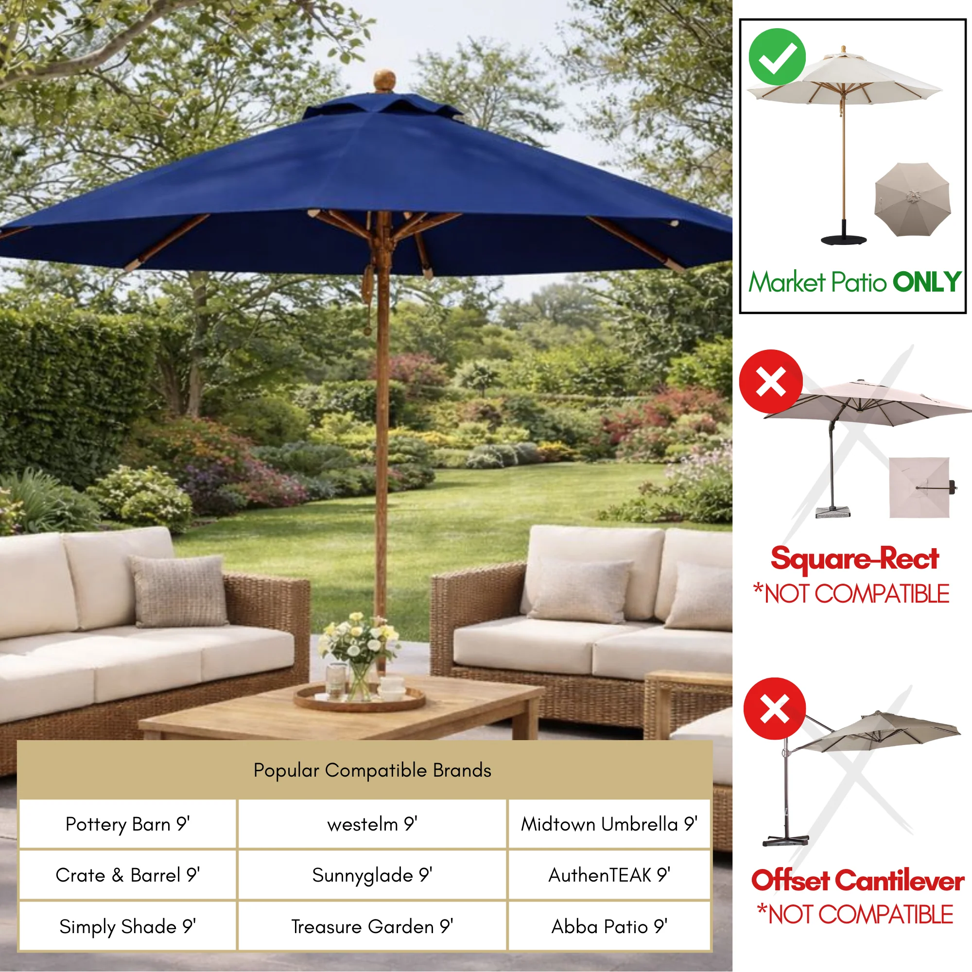 11ft Market Patio Umbrella Double-Vented 8 Rib Replacement Canopy Navy Olefin - Image 4
