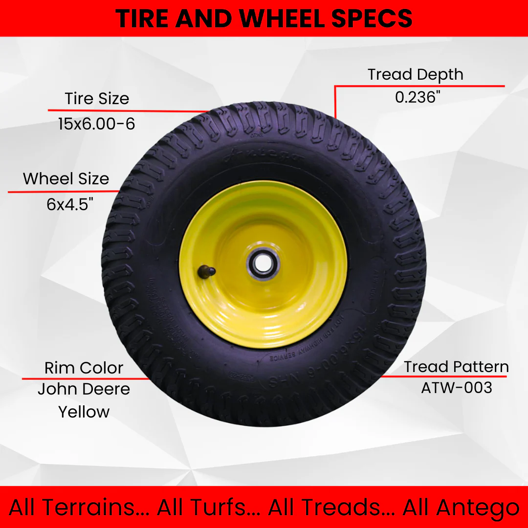 Antego Tire & Wheel (Set of 2) 15x6.00-6 Tire and Wheel Assemblies, ATW-003, 4 Ply Turf Tires, .75" Precision Ball Bearings, John Deere 15x6.00-6NHS Lawn Mower Tires, John Deere Front Tires 15x6.00-6 - Image 4