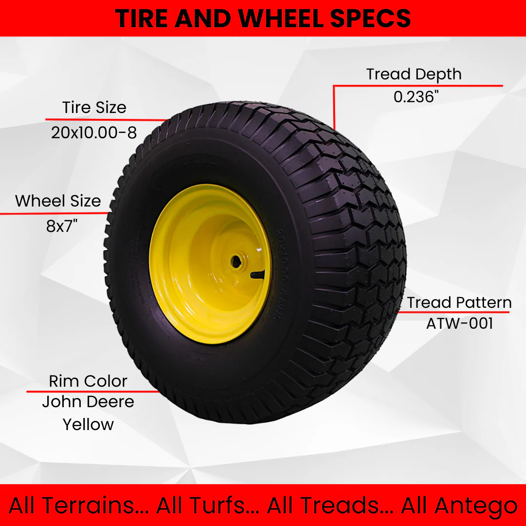 20x10.00-8 Tires with 8x7 John Deere Yellow Wheels 2 Ply for Lawn & Garden Mower Turf Tires (Qty: 1)
