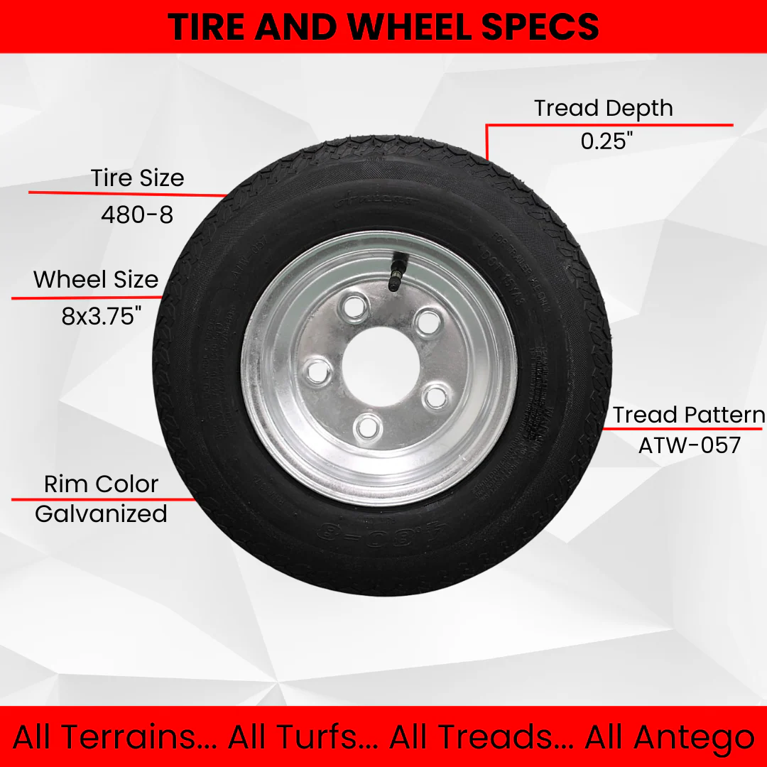 Set of Four 4.80-8 Galvanized 5 Lug Tire Assemblies