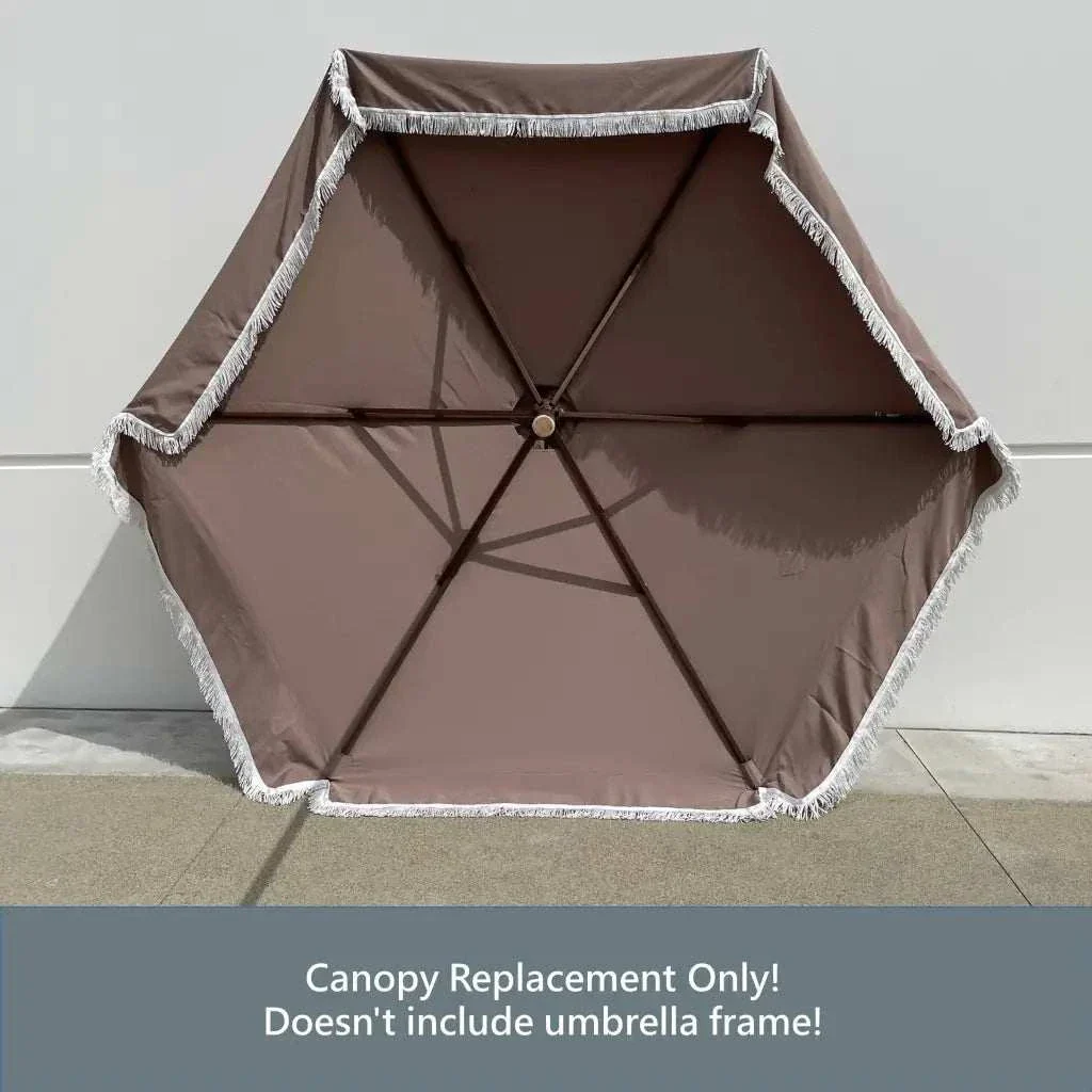 9ft 6 Ribs Replacement Umbrella Canopy w/Fringed Valance in Taupe (Canopy Only) - Image 7