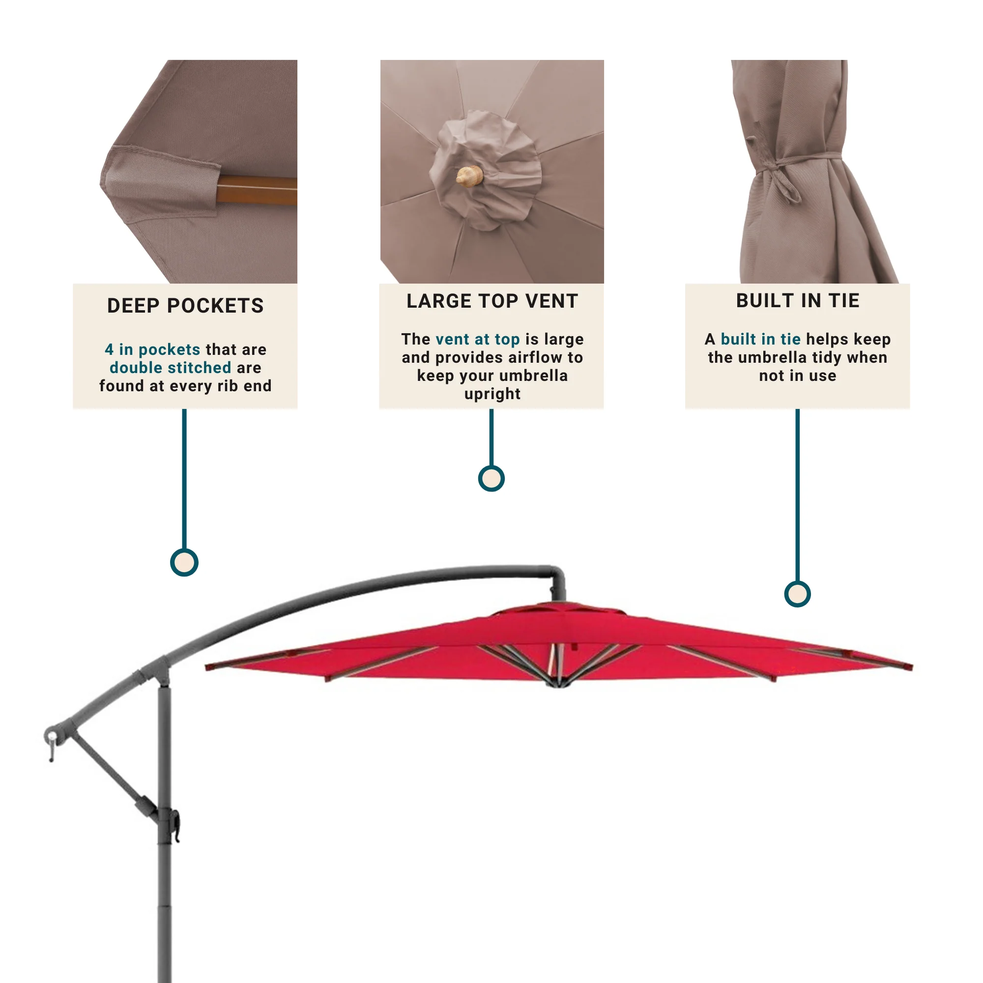 9ft Cantilever Hanging Umbrella 8 Rib Replacement Canopy Taupe - Image 4