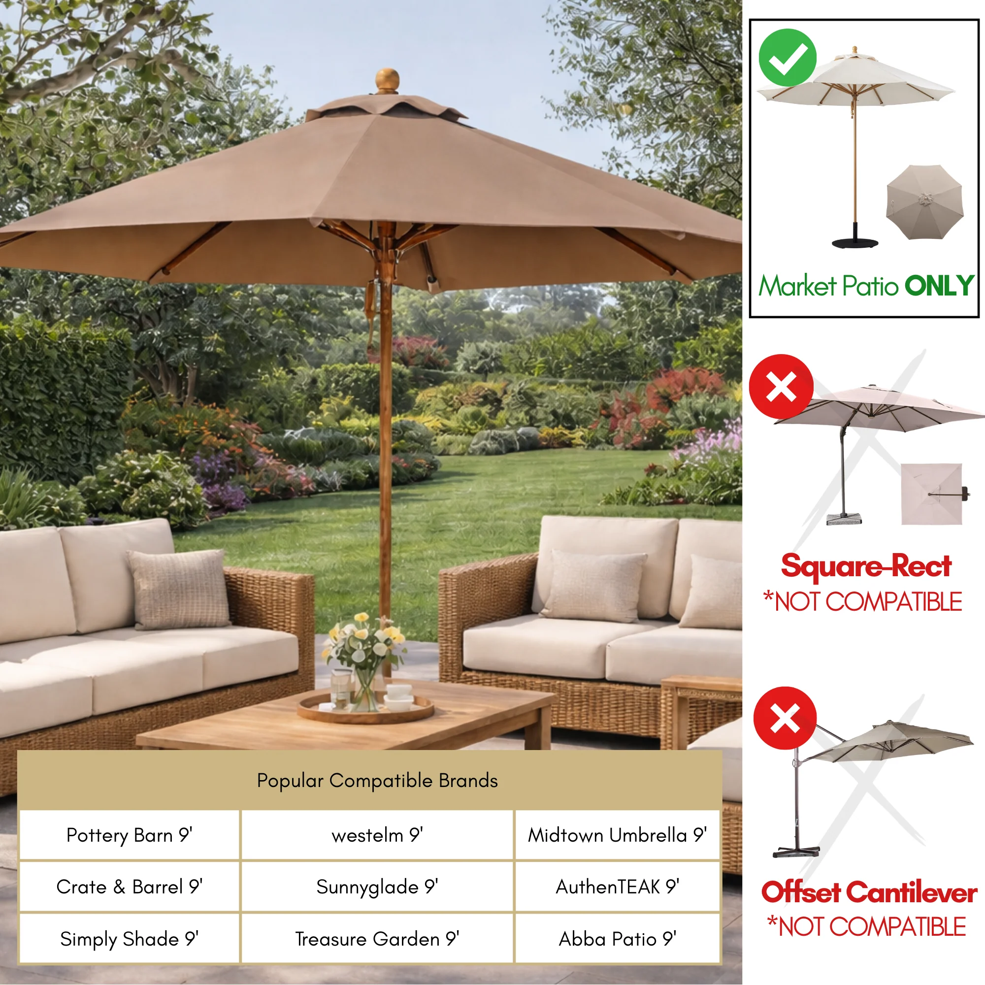 9ft Market Patio Umbrella 8 Rib Replacement Canopy Mocha Mousse - Image 5
