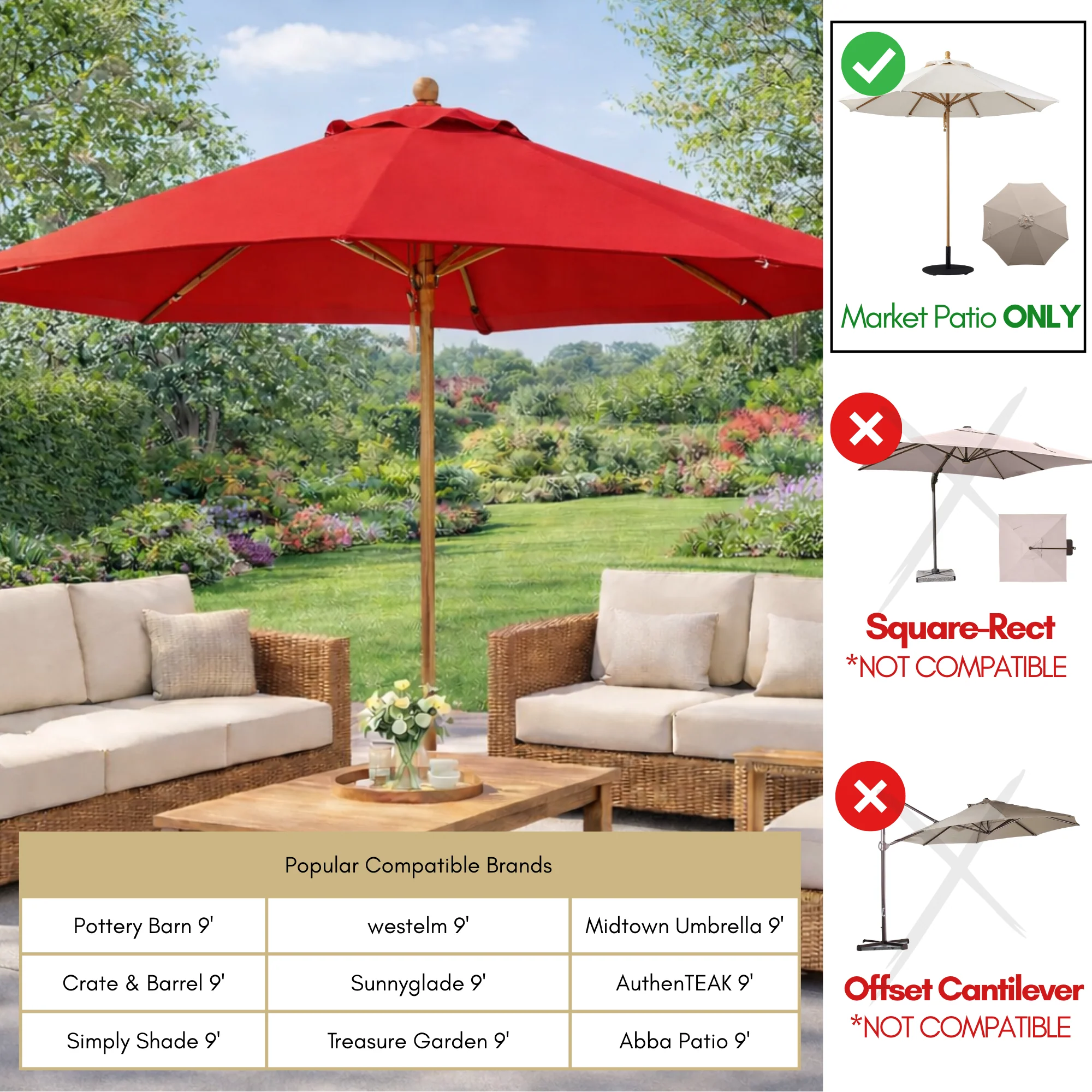 9ft Market Patio Umbrella 8 Rib Replacement Canopy Red - Image 5