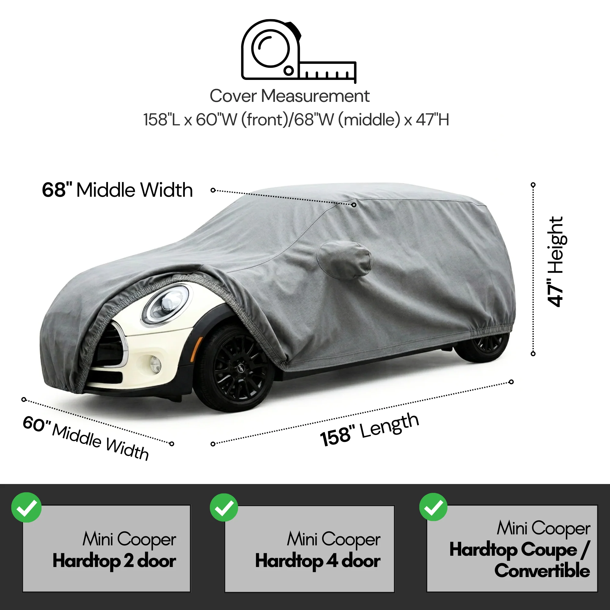 Car Cover for Mini Cooper Hardtop 2 Door and 4 Door, Convertible, Coupe, fits up to 158"L - Image 4