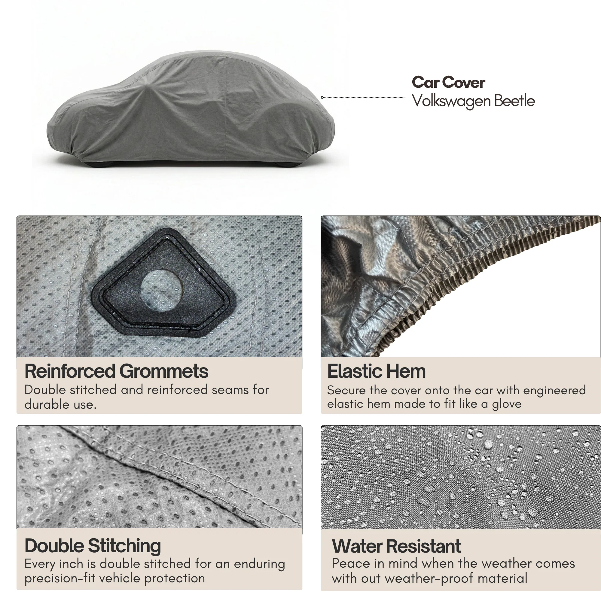 Car Cover for Volkswagen Beetle, Small Sports Car Amor 161"L x 70"W x 55"H Poly 200 Grey - Image 2