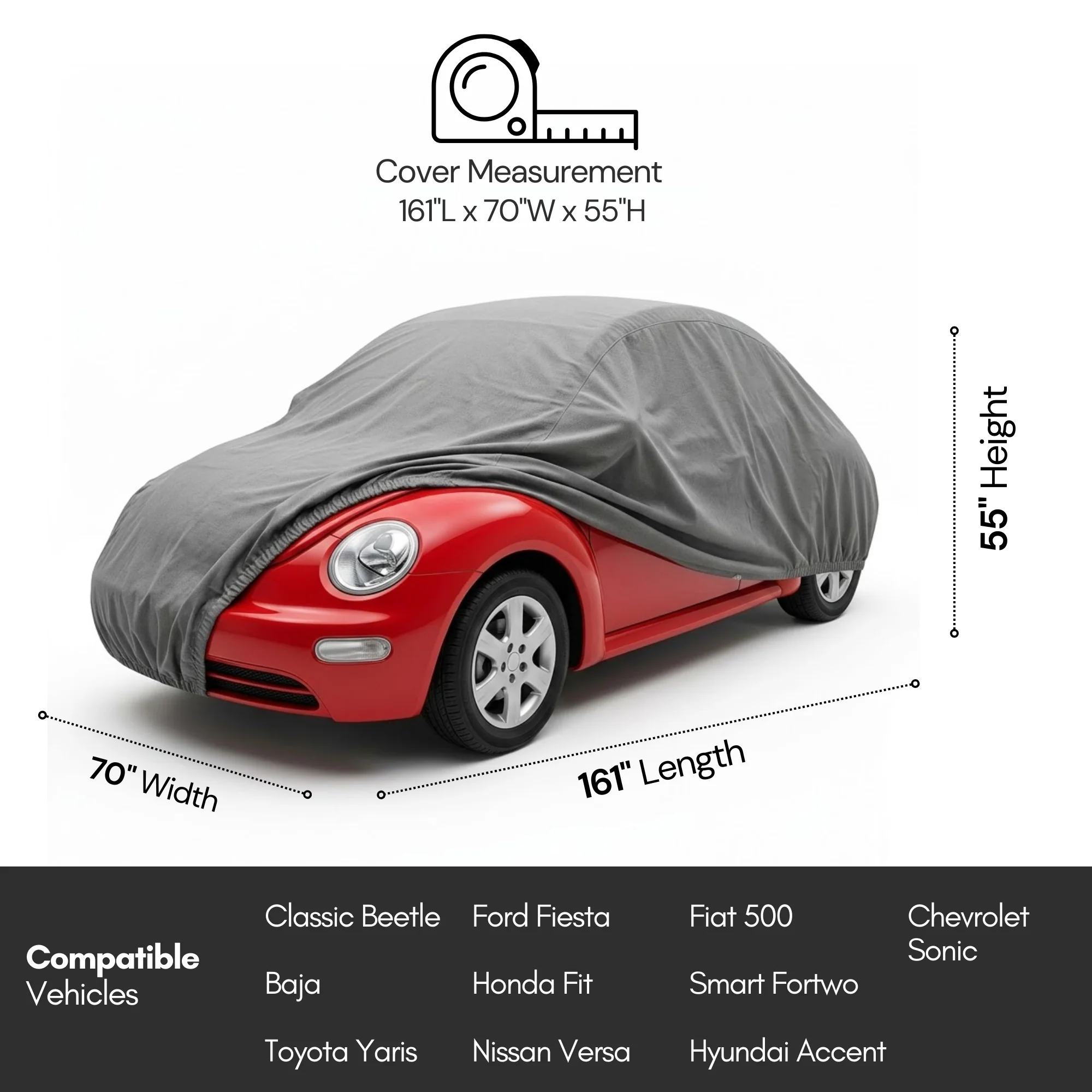 Car Cover for Volkswagen Beetle, Small Sports Car Amor 161"L x 70"W x 55"H Poly 200 Grey - Image 4