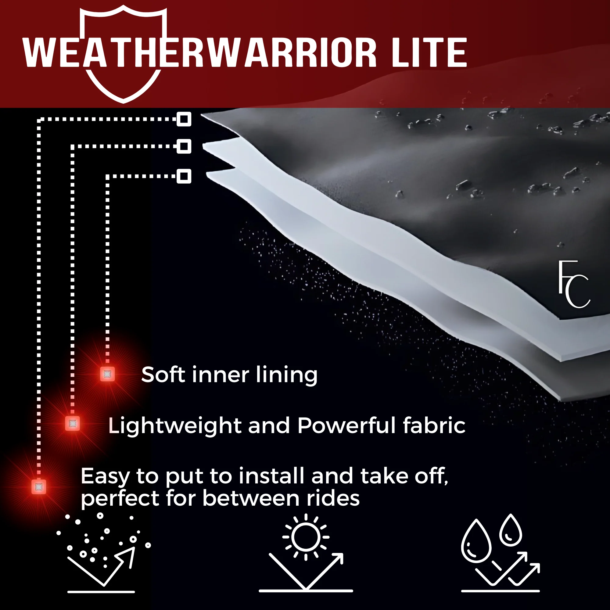 Deluxe All Season Light Weight Motorcycle Cover (L) Black - Image 3