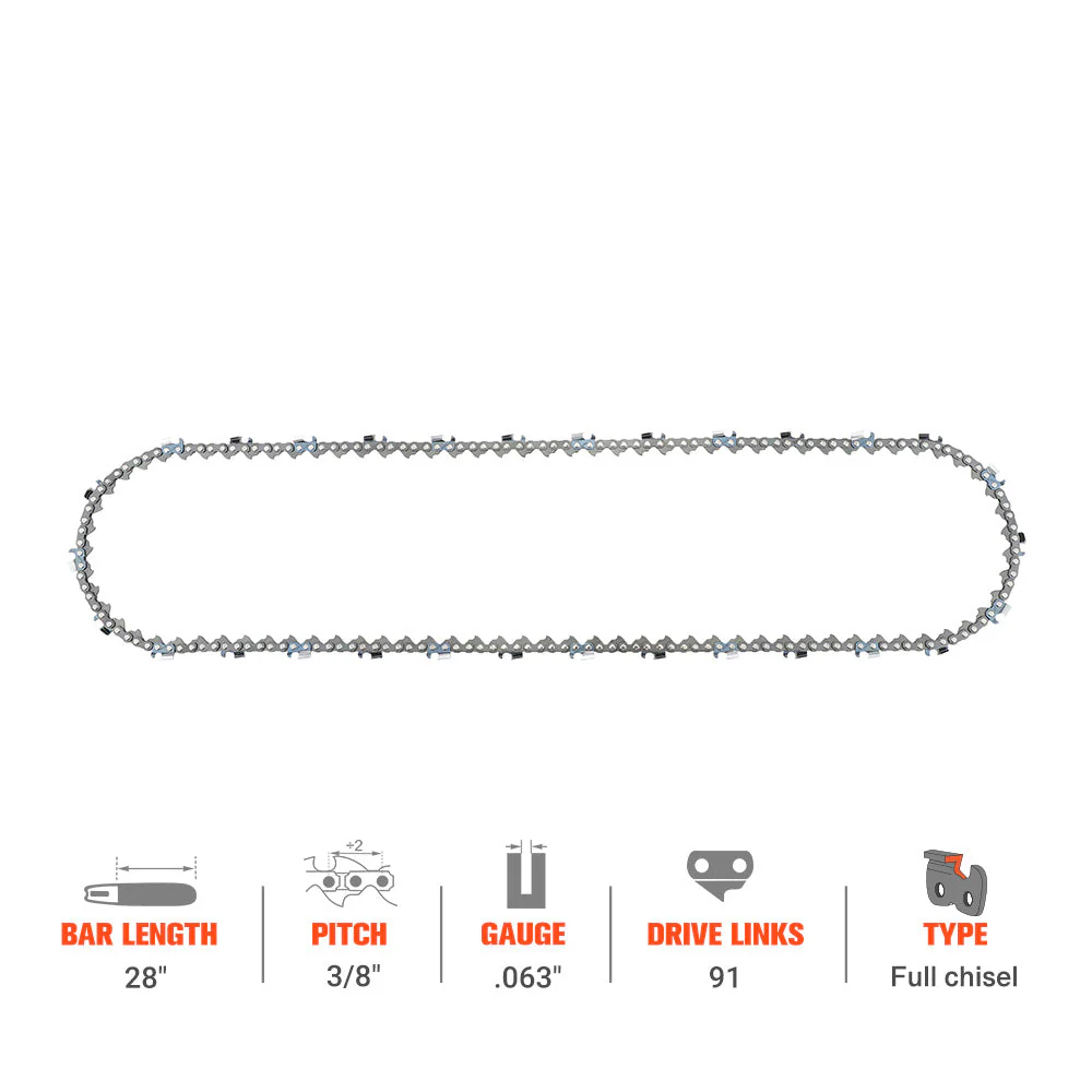 Hipa 28 Inch Full Skip Chain 3/8 Picth .063 Gauge 91 DL For Stihl MS660 MS661 MS461 MS460 MS440 MS391 MS390 Magnum 038 044 046 Chainsaw - Image 6