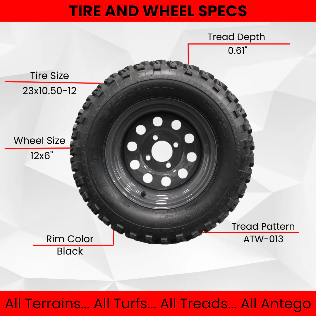 (Qty: 1) 23x10.50-12 4 Ply Golf/ATVUTV/RTV Tires & Charcoal Grey Wheels ATW-013