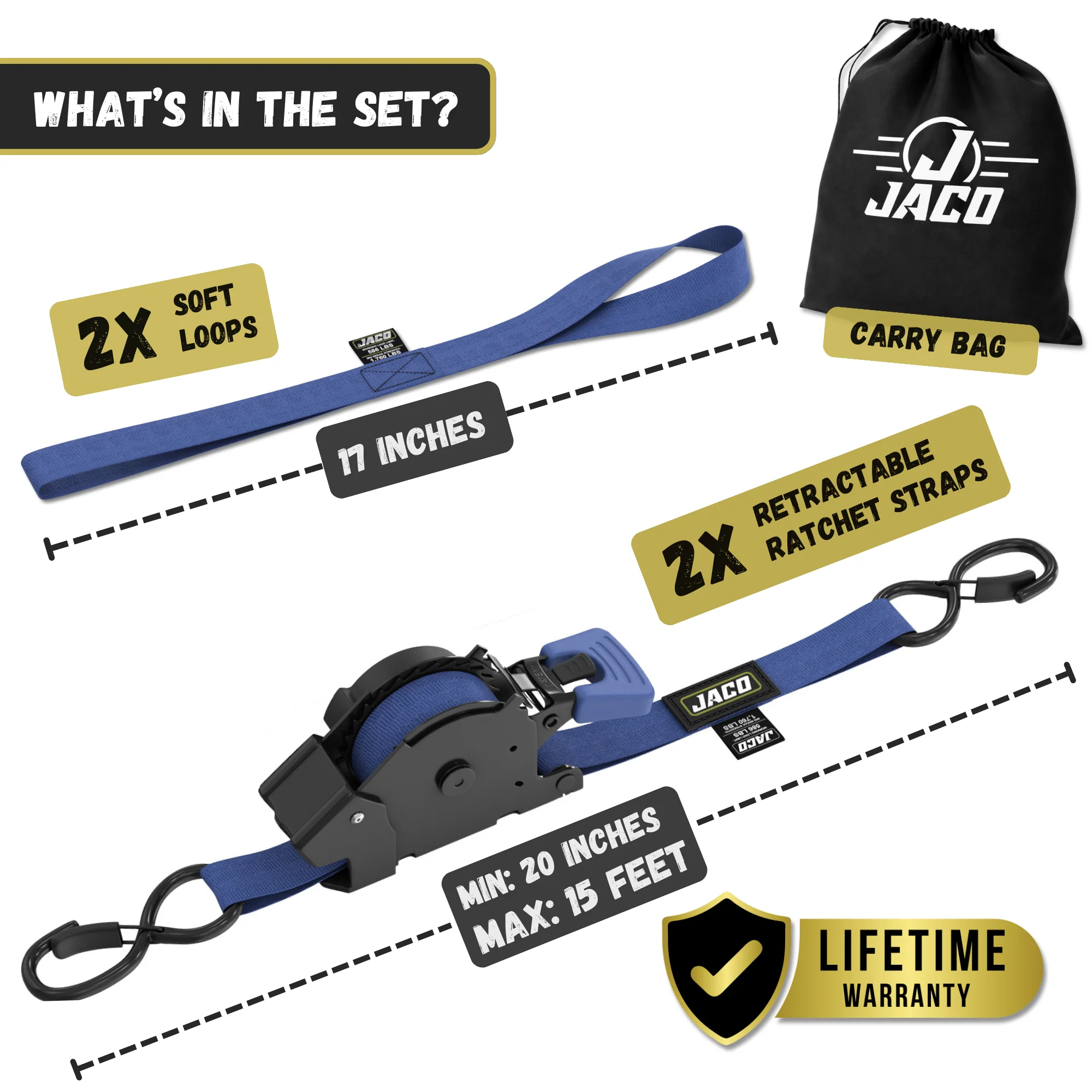 Retractable Ratchet Straps - 1" x 15 ft (1,760 lbs Break Strength) | Auto Self Retracting Cargo Tie Down Strap Set - Image 17