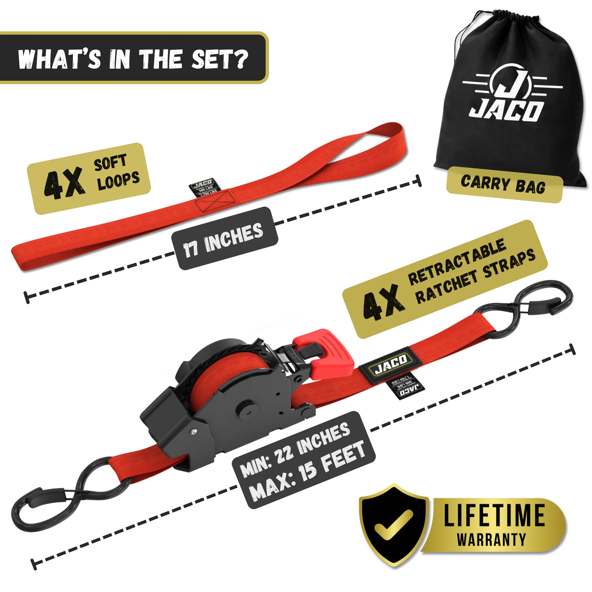 Retractable Ratchet Straps - 1" x 15 ft (1,760 lbs Break Strength) | Auto Self Retracting Cargo Tie Down Strap Set - Image 48