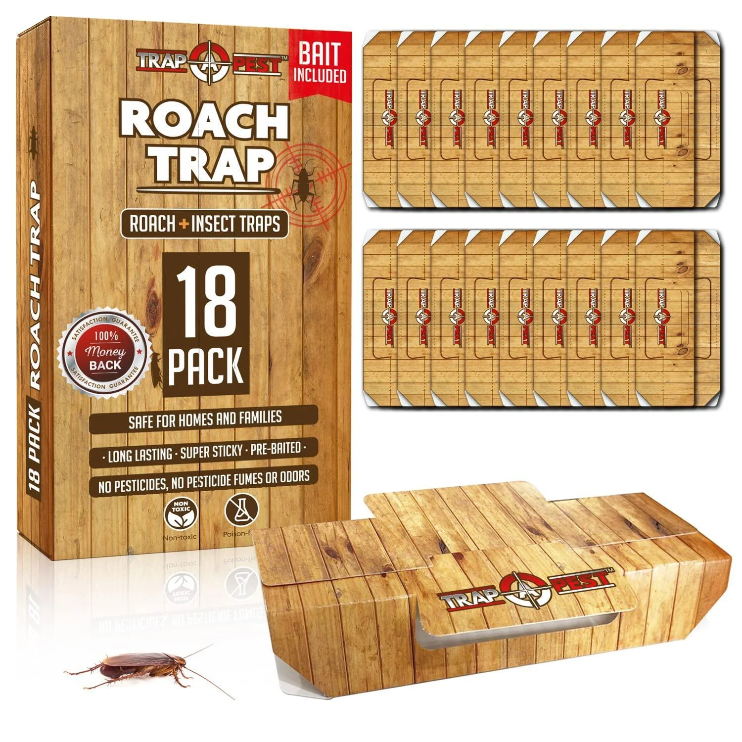 Roach Traps Indoor Sticky (18 Pack) - Glue Traps for Roaches Bug Traps with Roach Bait Traps - Long Lasting Non-Toxic Children and Pet Friendly - Trap a Pest - Image 2