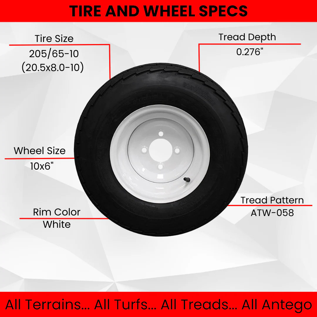 (Set of 2) 205/65-10 20.5x8.0-10 10 ply Load Range E super durable Antego Trailer Tire Wheel Assy - 4 Lug White Rim