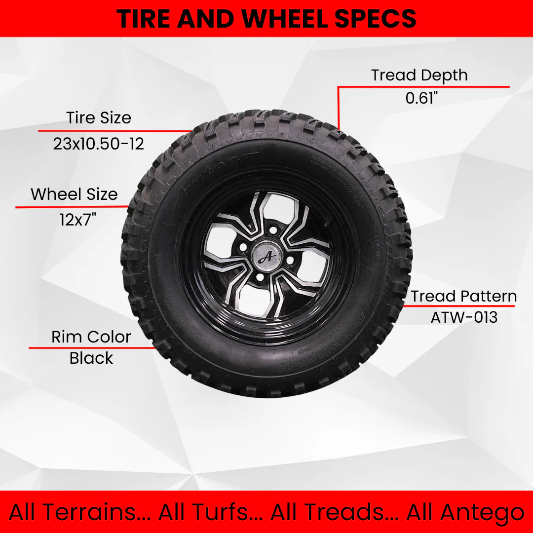 (Set of 4) 23x10.50-12 ATW-013 with 12x7 Black Fusion Golf Tire and Wheel Assemblies