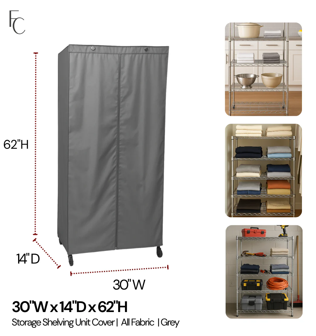 Storage Shelving Unit Cover, fits racks 30"W x 14"D x 62"H in Grey - Image 2