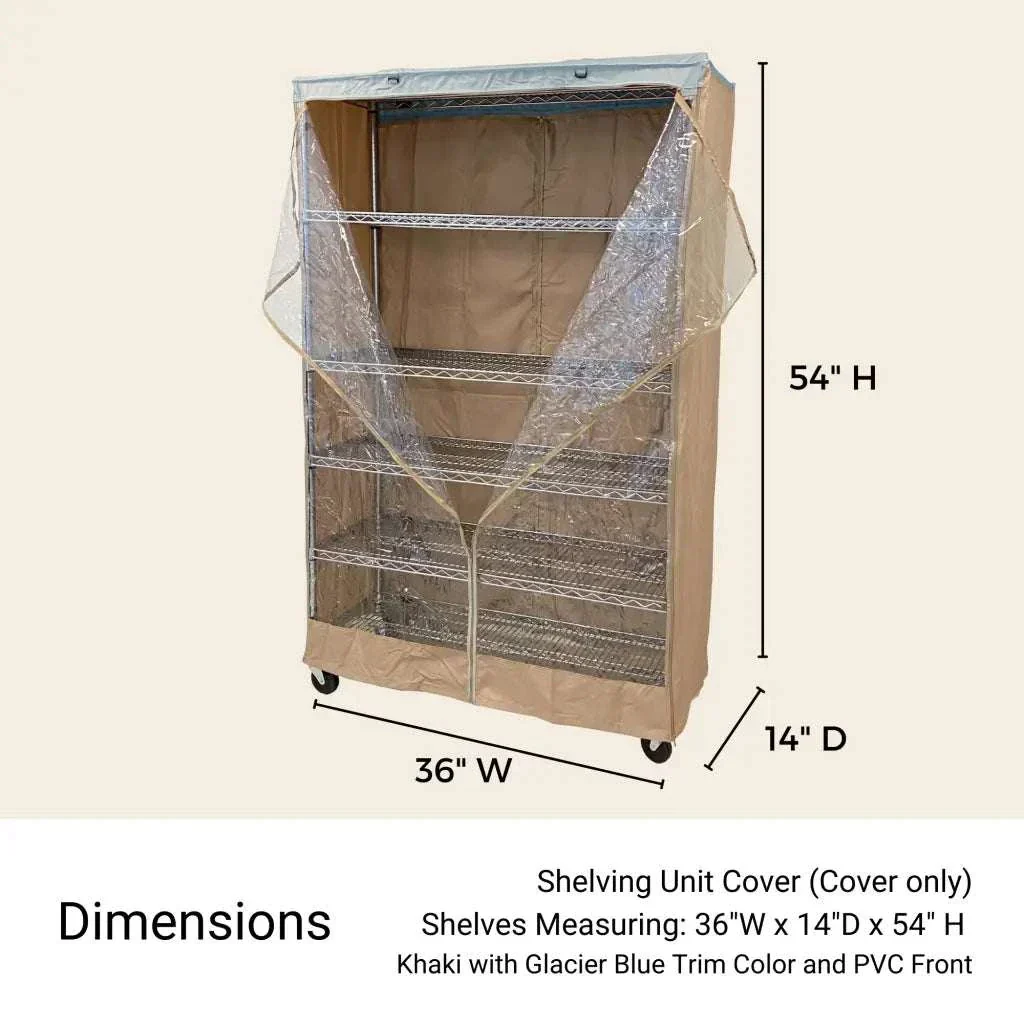 Storage Shelving Unit Cover, fits racks 36"W x 14"D x 54"H one side see through panel in Beige Khaki and Blue Trim - Image 3