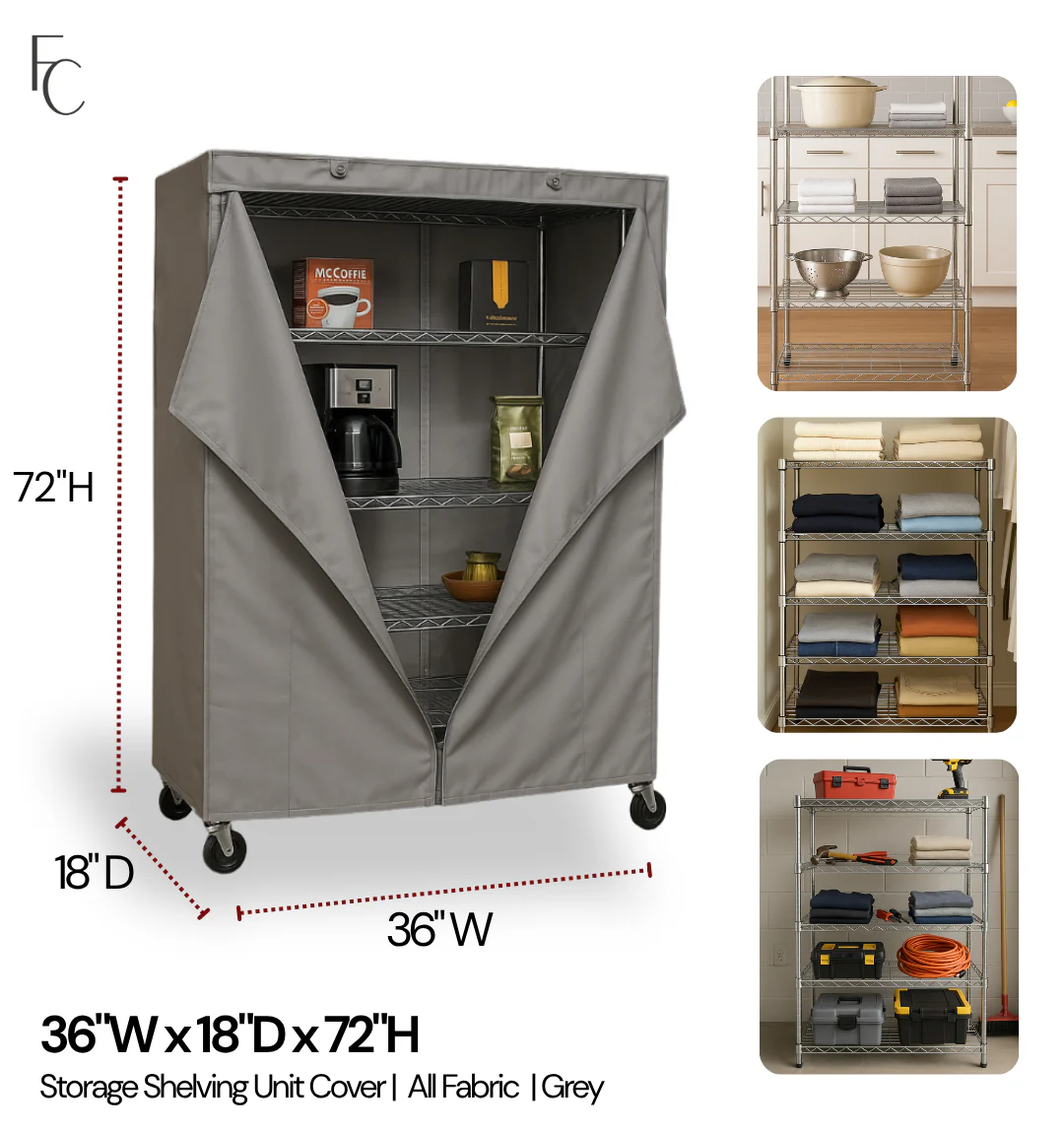 Storage Shelving Unit Cover, fits racks 36"W x 18"D x 72"H in Grey - Image 2