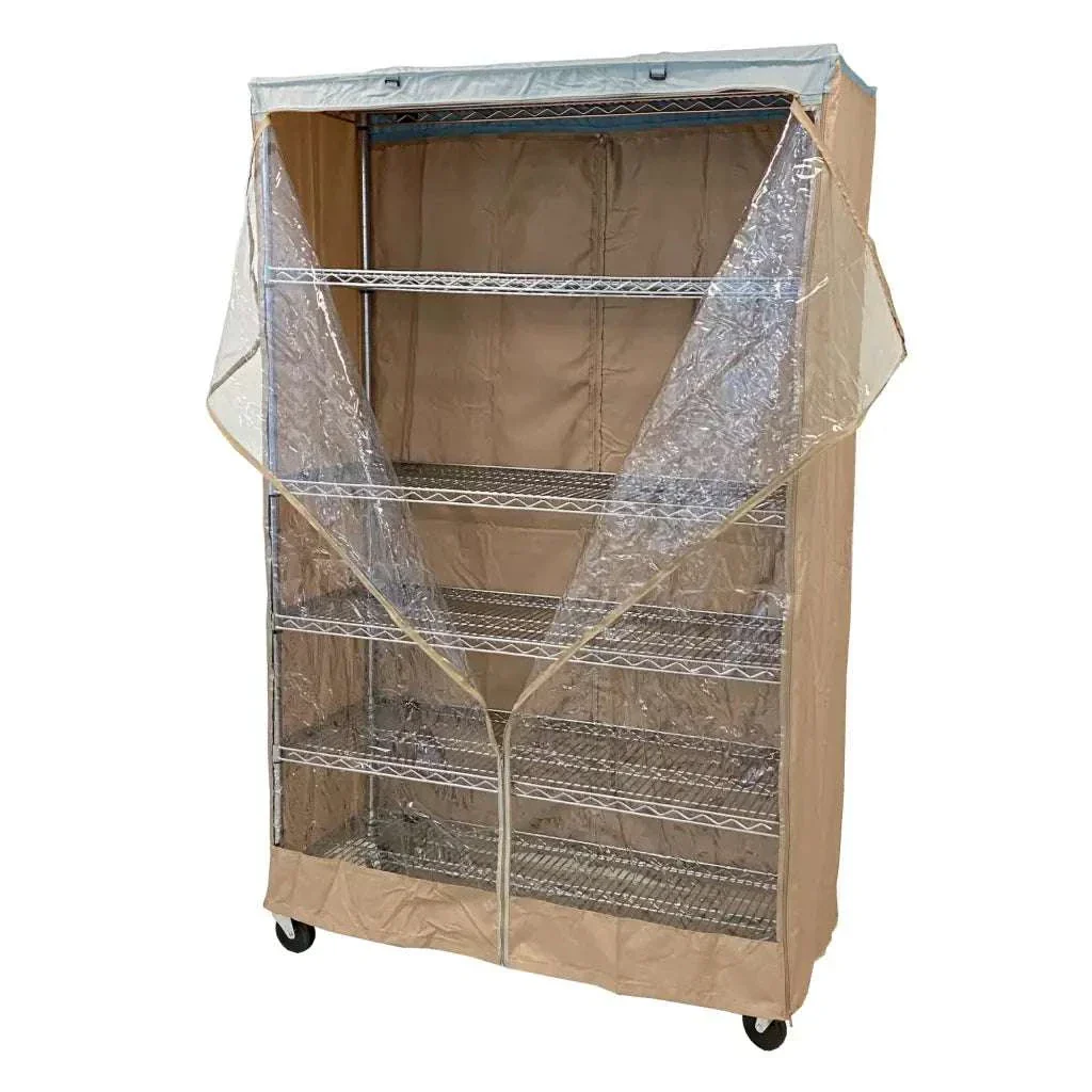 Storage Shelving Unit Cover, fits racks 36"W x 24"D x 72"H one side see through panel in Beige Khaki and Blue Trim - Image 2