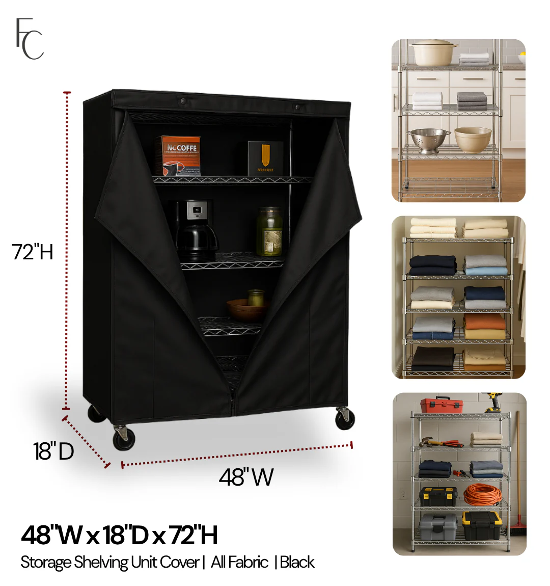 Storage Shelving Unit Cover, fits racks 48"W x 18"D x 72"H in Black - Image 2