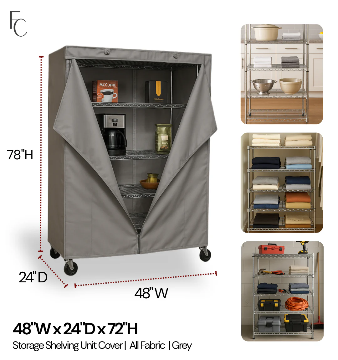Storage Shelving Unit Cover, fits racks 48"W x 24"D x 72"H in Grey - Image 2